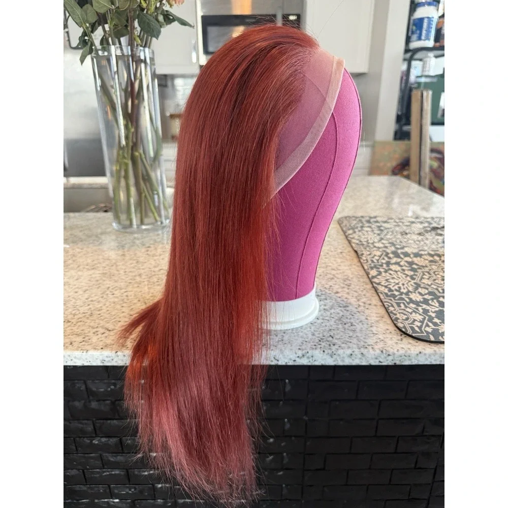 100% Human Hair Lace Front Wig Auburn Brown Red 14 Inch Wavy Straight Free Part